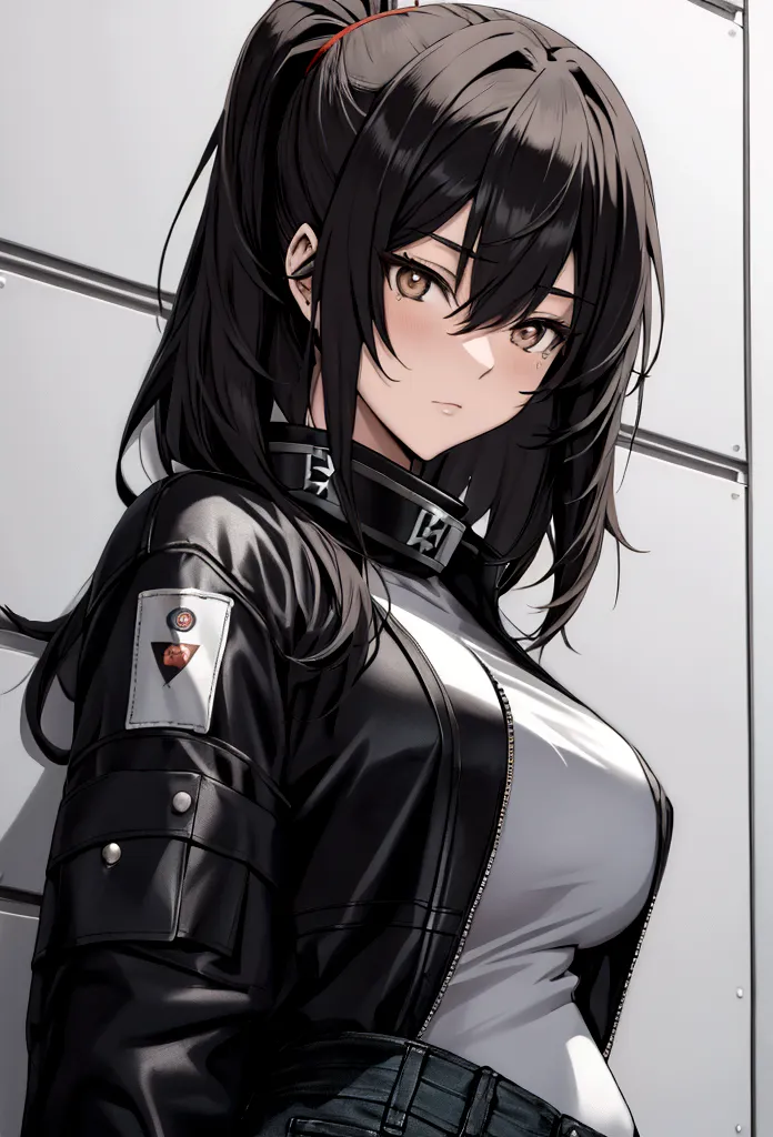 Anime girl,black ponytailed hair,wearing a black turtle neck,white jeans
