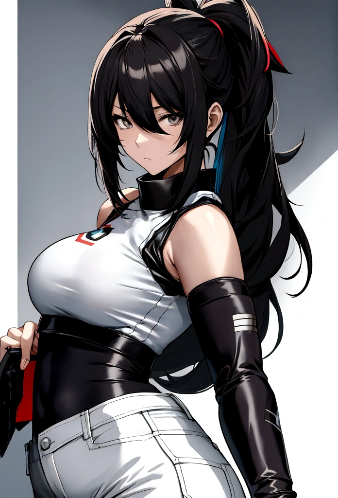 Chica anime,pelo negro con cola de caballo,vistiendo una blusa negra sin mangas con cuello de tortuga,con jeans blancos