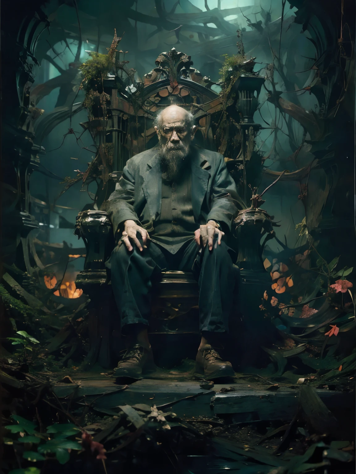 Surrealism、Lonely ugly old man sitting on the throne、Dark and gloomy atmosphere、Throne in the Graveyard、(Highest quality、4K、8K、High resolution、masterpiece:1.2)、Super detailed、(Real、Photorealistic、Photorealistic:1.37)、Detailed wrinkled face、Expressive eyes、Detailed hands、Dramatic chiaroscuro lighting、Moody color palette、Surreal fantasy landscape、Dark Shadows、Abandoned castle ruins、Crumbling Building、Lush vegetation、fechin、EdobHorrorLandscape