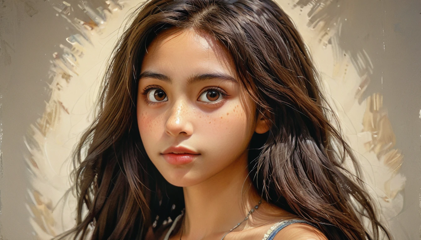 (Pixar style) A waist-high portrait of a Colombian girl with long hair, latina, natural skin texture, 4K textures, HDR, intricate, highly detailed, sharp focus, hyper-detailed, piercing brown eyes, shoulder length straight hair, masterpiece, 4k 