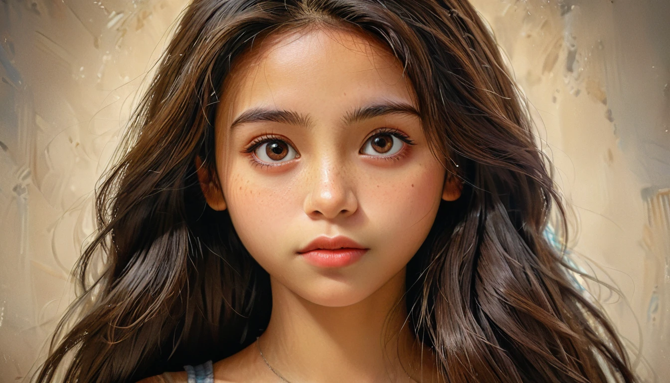 (Pixar-Stil) Ein hüfthohes Porträt eines kolumbianischen Mädchens mit langen Haaren, lateinamerikanisch, natürliche Hautstruktur, 4k Texturen, HDR, kompliziert, sehr detailliert, scharfer Fokus, hyperdetailliert, durchdringende braune Augen, schulterlanges, glattes Haar, Meisterwerk, 4k 
