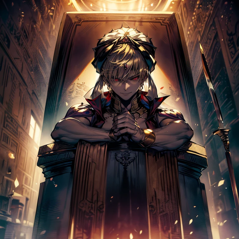 8K, Mouthpiece, ((One beautiful man)),((Fate Stay Night Drawing)), Gilgamesh Male Solo, Emperor, whole body, An exquisitely decorated throne, A palace made of cut stone, A room lit by flickering torches, A man violently climbs onto a throne and sits down, A face laughing out loud like a joke, ((One beautiful man)), ((Red eyes)), Long Hair, blonde, Wrap a turban around your head, (background: Countless swords displayed on the wall, All facing the same direction, Different types of swords, 1 female attendant, Woman in beautiful arabic costume, Stand beside the throne),