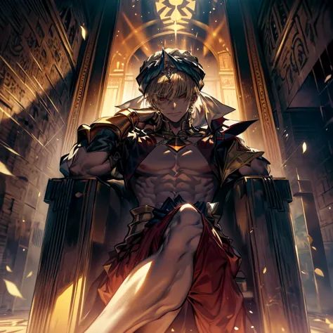 8k, mouthpiece, ((one beautiful man)),((fate stay night drawing)), gilgamesh male solo, emperor, whole body, an exquisitely deco...