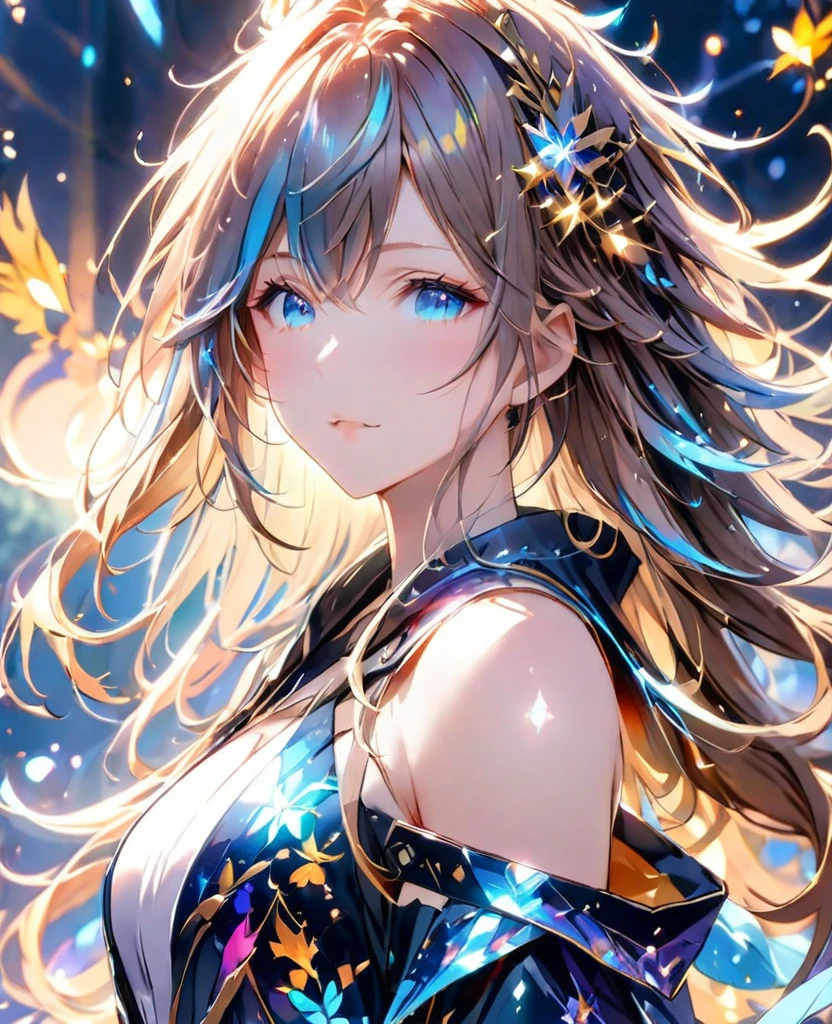 (8K, Highest quality, masterpiece:1.2),(Highest quality:1.0), (Ultra-high resolution:1.0), watercolor, Beautiful woman, shoulder, Costumes adorned with light refraction、Twinkling of the stars、Diamond Sparkle、Hair Ribbon, Agnes Cecil, Half Body Portrait, Super bright design, pastel colour, (ink:1.3), Autumn Light,