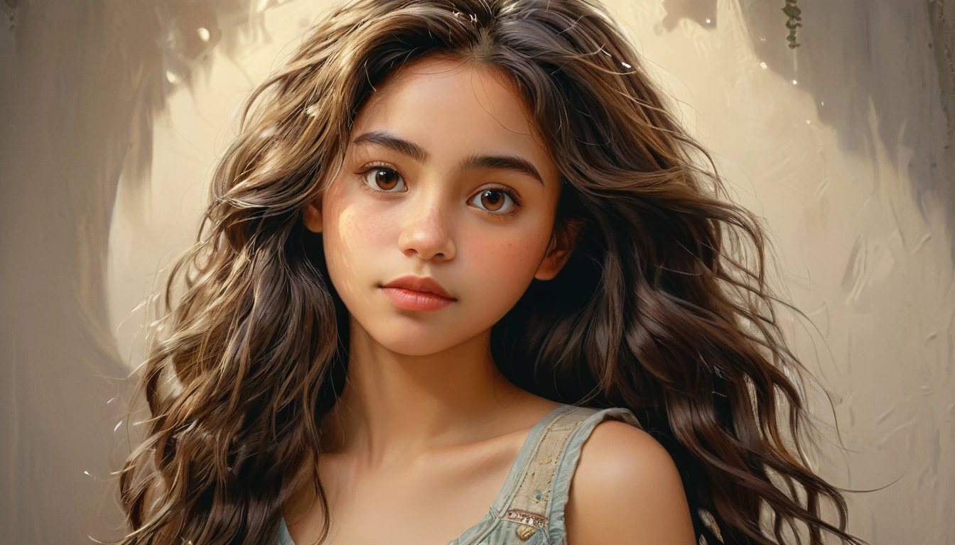 (Pixar style) A waist-high portrait of a Colombian girl with long hair, latina, natural skin texture, 4K textures, HDR, intricate, highly detailed, sharp focus, hyper-detailed, piercing brown eyes, shoulder length wavy hair, semi-realistic, masterpiece, 4k