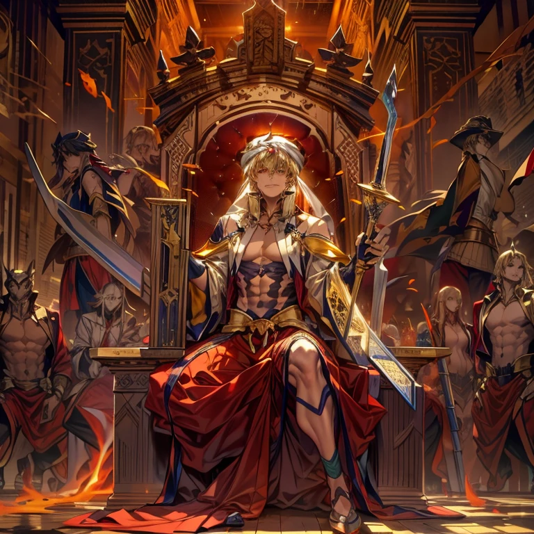 8K, Mouthpiece, ((One beautiful man)),((Fate Stay Night Drawing)), Gilgamesh Male Solo, Emperor, whole body, An exquisitely decorated throne, A palace made of cut stone, A room lit by flickering torches, A man violently climbs onto a throne and sits down, A face laughing out loud like a joke, ((One beautiful man)), ((Red eyes)), Long Hair, blonde, Wrap a turban around your head, (background: Countless swords displayed on the wall, All facing the same direction, Different types of swords, 1 female attendant, Woman in beautiful arabic costume, Stand beside the throne),