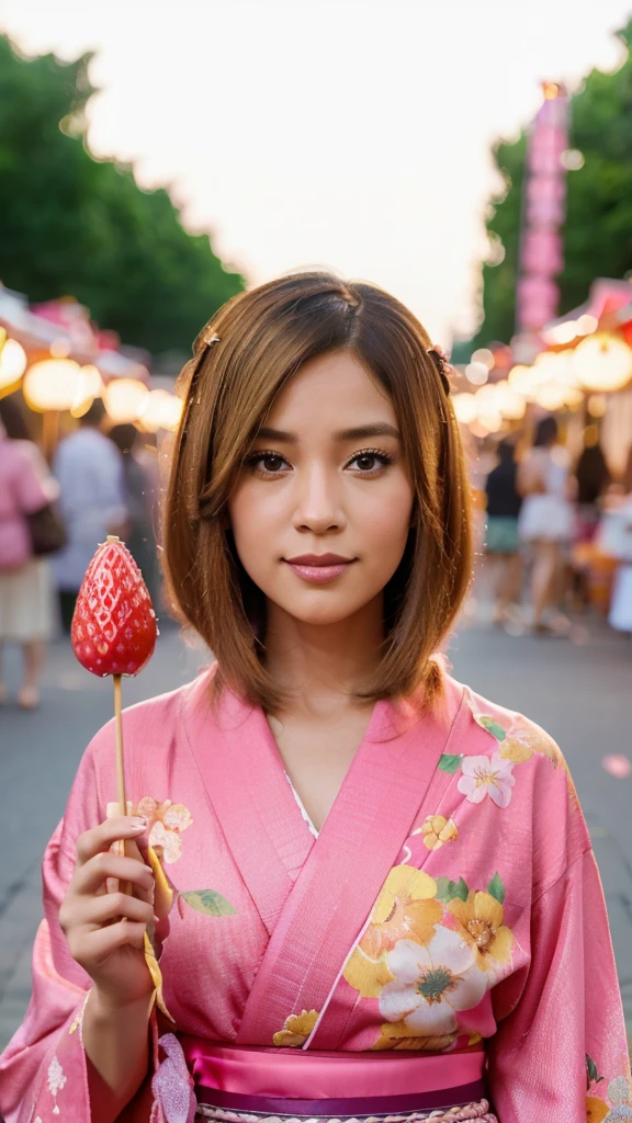 Photo realistic 3D caricature of a woman in her 30s. Her hair is straight, golden brown, shoulder-length and parted in the middle. The woman wore a pink kimono with a floral motif and traditional Japanese sandals. She was holding strawberry-shaped candies arranged like satay. The background is a Japanese summer festival with soft lighting