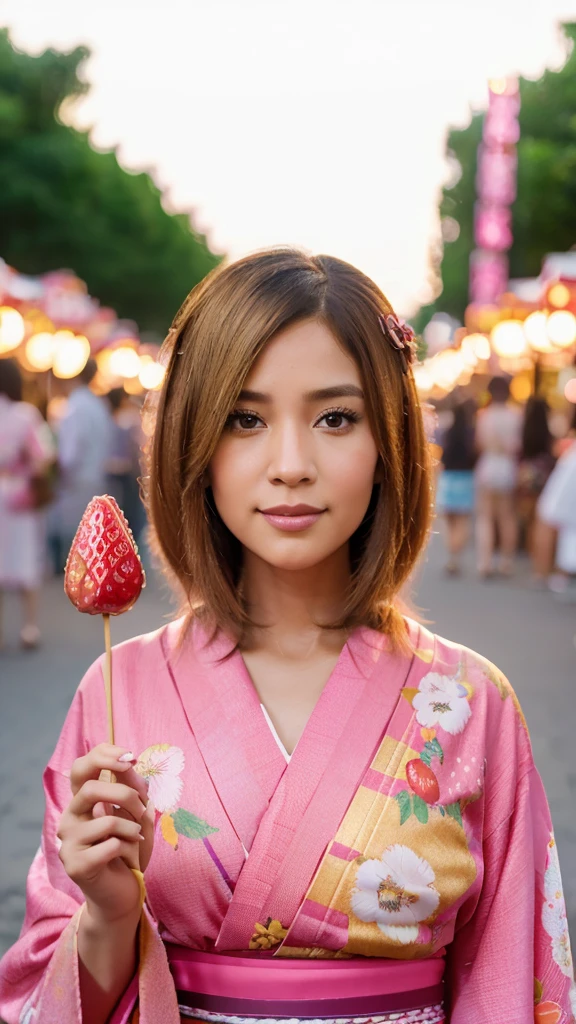 Caricature 3D photo-réaliste d'une femme dans la trentaine. Ses cheveux sont droits, brun doré, longueur d'épaule et séparés au milieu. La femme portait un kimono rose à motif floral et des sandales japonaises traditionnelles. Elle tenait des bonbons en forme de fraise disposés comme des satay. L'arrière-plan est un festival d'été japonais avec un éclairage doux