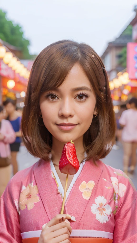 Caricature 3D photo-réaliste d'une femme dans la trentaine. Ses cheveux sont droits, brun doré, longueur d'épaule et séparés au milieu. La femme portait un kimono rose à motif floral et des sandales japonaises traditionnelles. Elle tenait des bonbons en forme de fraise disposés comme des satay. L'arrière-plan est un festival d'été japonais avec un éclairage doux