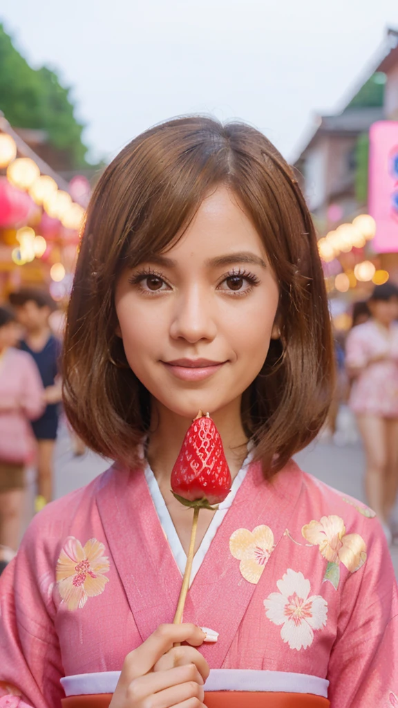 Caricature 3D photo-réaliste d'une femme dans la trentaine. Ses cheveux sont droits, brun doré, longueur d'épaule et séparés au milieu. La femme portait un kimono rose à motif floral et des sandales japonaises traditionnelles. Elle tenait des bonbons en forme de fraise disposés comme des satay. L'arrière-plan est un festival d'été japonais avec un éclairage doux