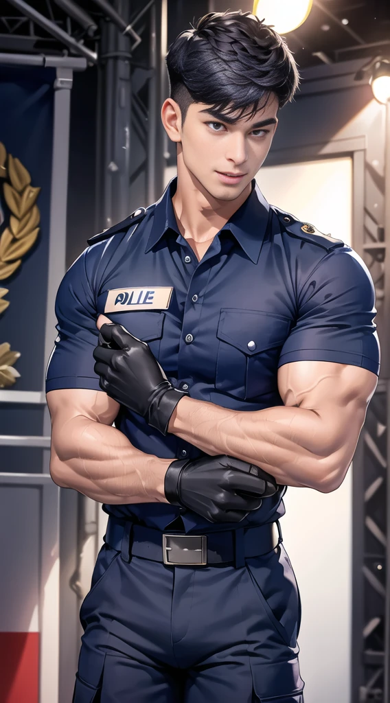 handsome man,(crew cut short hair:1.2),black eye,smile,open mouth (navy police uniform:1.2),(shirt short sleeves:1.2),collar,(shirt covered over:1.2),(name tag and Police badge:1.3),(shirt no buttons:1.1),(black_gloves:1.3), (Navy blue cargo:1.2),Korean guy,korean men,(High gloss details),(chest muscles:1.2),(large arm muscles:1.2),blood vessel,Big muscles,Broad shoulders,looking at the audience,Balancing the eyes,middle of the road,(stage:1.2),