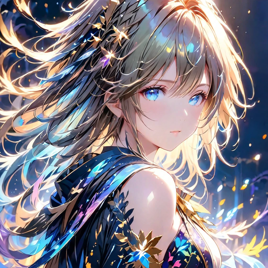 (8K, Highest quality, masterpiece:1.2),(Highest quality:1.0), (Ultra-high resolution:1.0), watercolor, Beautiful woman, shoulder, Costumes adorned with light refraction、Twinkling of the stars、Diamond Sparkle、Hair Ribbon, Agnes Cecil, Half Body Portrait, Super bright design, pastel colour, (ink:1.3), Autumn Light,