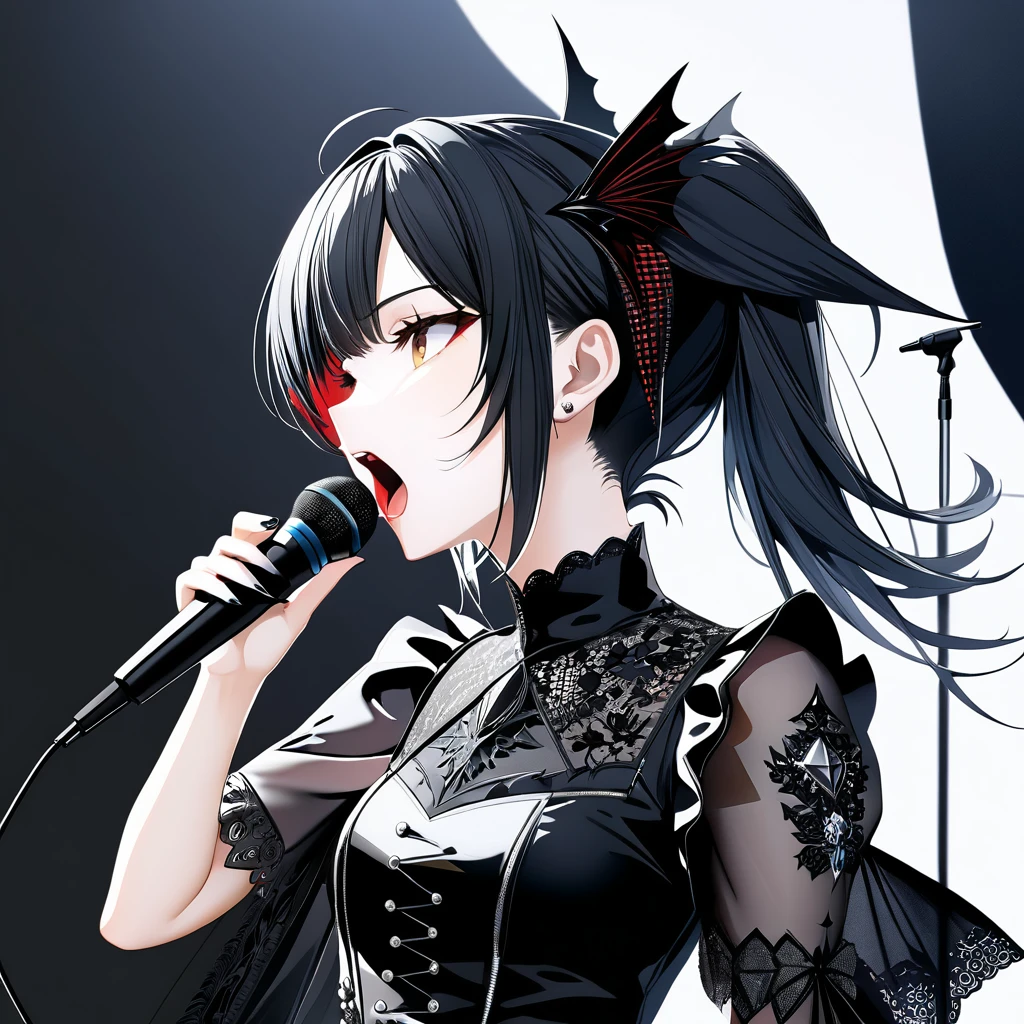 (((خلفية بيضاء:1.2)))、(تحفة、الترا اتش دي、تحفة、４ك)、أنثى واحدة فقط, Scandinavian gothic metal girl holding a microphone and يغنيing with her mouth open、(يغني:1.2) (الوضع الديناميكي:1.2), (فستان قوطي أسود),  /(شعر أسود/) الانفجارات, (تحفة 最高品質:1.2) 、الرسوم التوضيحية الحساسة、مفصلة للغاية, (الاستيلاء على الميكروفون)  (مرحلة الموسيقى) 、حساب تعريفي,