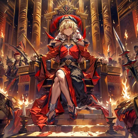 8k, mouthpiece, ((one beautiful man)),((fate stay night drawing)), gilgamesh male solo, emperor, whole body, ((detailed characte...