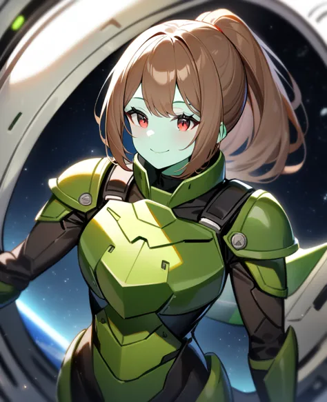 1girl,solo,red eyes,((brown hair:1.5)),green power armor,ponytail,((pale green skin)),green chest armor,cowboy shot,in space shi...