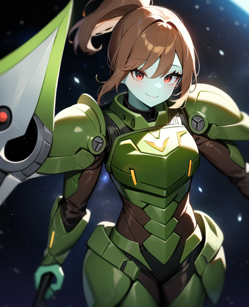 1girl,solo,red eyes,((brown hair:1.5)),green power armor,ponytail,((pale green skin)),green chest armor,cowboy shot,in space ship,zero gravity,Science fiction,ultra-detailed,sharp focus,aesthetic,(best quality) smiling, holding halberd, tall woman