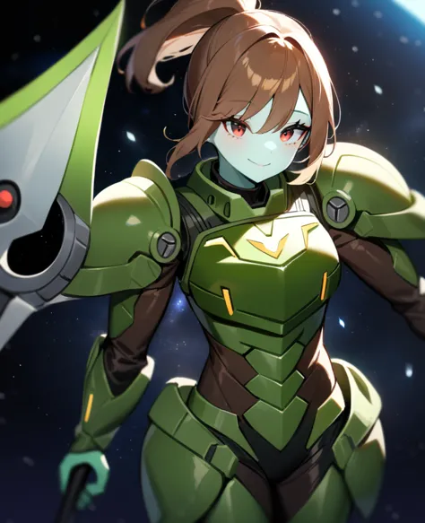 1girl,solo,red eyes,((brown hair:1.5)),green power armor,ponytail,((pale green skin)),green chest armor,cowboy shot,in space shi...