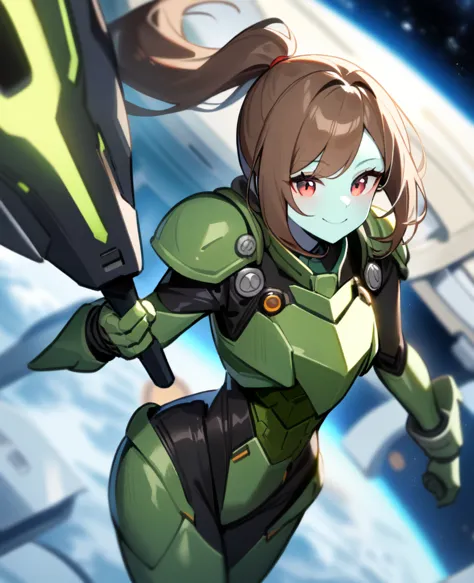 1girl,solo,red eyes,((brown hair:1.5)),green power armor,ponytail,((pale green skin)),green chest armor,cowboy shot,in space shi...