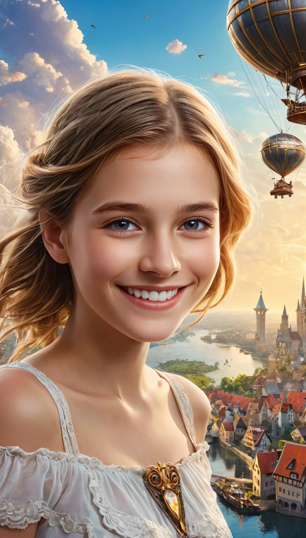 Many islands are floating in the air, A small airship is flying around, City, Fantasy, Extreme Detail, Realistic Light, A magnificent composition, (Intricate details), (Intricate Design, Super detailed :1.2), Art Station, (masterpiece, Highest quality), Ultra HD, 32K  (Close-up portrait of 16yo beautiful Half German girl is smiling at viewers:1.6)