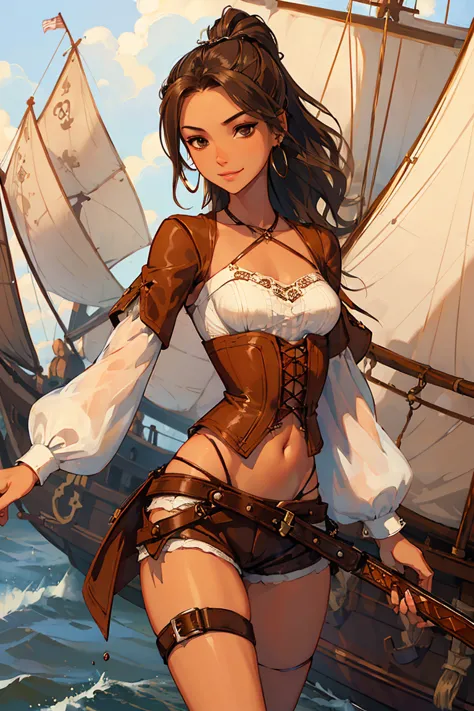 (masterpiece), best quality, expressive eyes, perfect face, (pirate ship background), (standing), (smirk), (closeup view), (1gir...