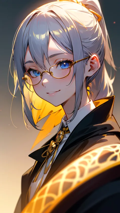 1 girl、、sharp focus、(bokeh) (highest quality) (detailed skin:1.3) (intricate details) (anime)、silver hair、ponytail、gold glasses、...