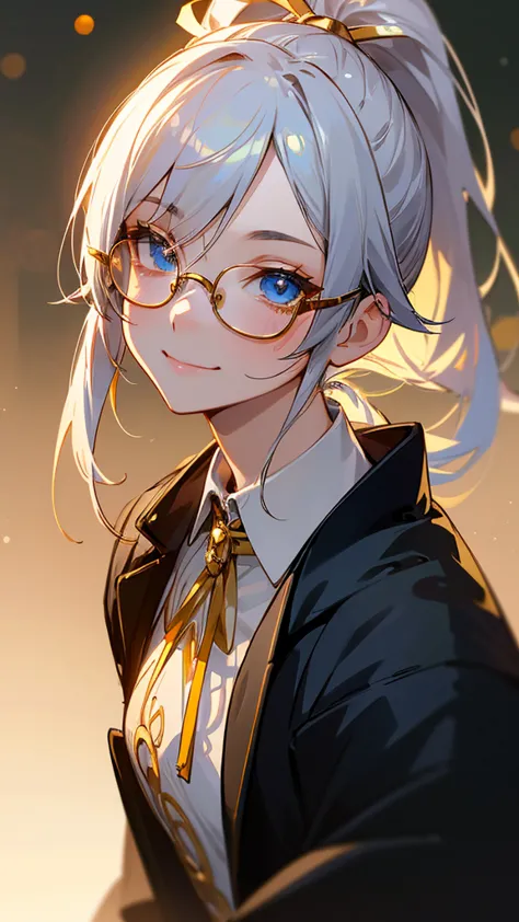 1 girl、、sharp focus、(bokeh) (highest quality) (detailed skin:1.3) (intricate details) (anime)、silver hair、ponytail、gold glasses、...