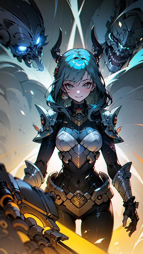 doom \(League of Legends\), 1 girl&#39;Large Breasts,Smilingly，Solitary, Weaving, Double braid, (长长的金色hair), Surprised eyes,Tatt...