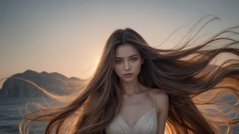 envision a radiant woman graced with luxuriously long hair, elegantly attired in a cocktail dress. her locks are not merely long...