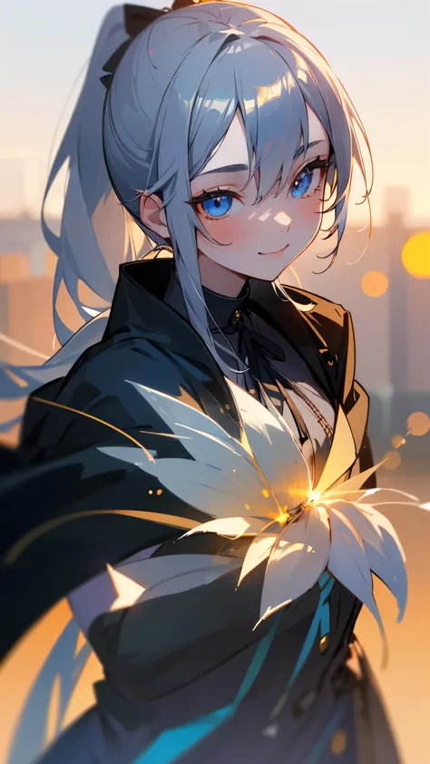 1 girl、8k、sharp focus、(bokeh) (highest quality) (detailed skin:1.3) (intricate details) (anime)、silver hair、ponytail、blue eyes、b...