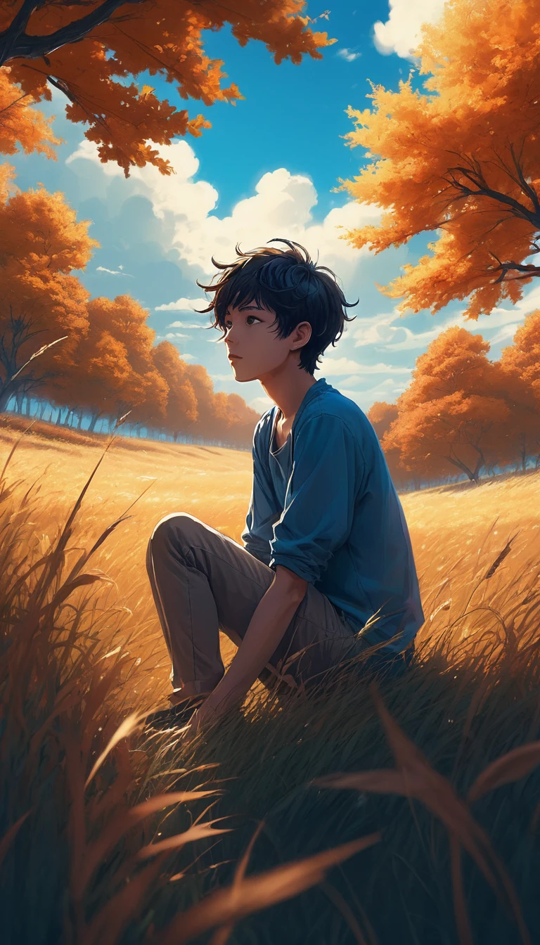 a boy sitting in an autumn meadow, seeing a vast blue sky with dark blue clouds, tall grasses, cloudy sky, makoto shinkai cyril rolando, anime art wallpaper 4k, anime art wallpaper 4k, animated background, anime art wallpaper 8K, animated background art, Anime Landscape Wallpaper, amazing wallpaper, HD wallpaper, 4k anime wallpaper, 4k anime wallpaper, Aries Moross art,art by Bob Byerley , AshleyWoodArtAI, greg rutkowski