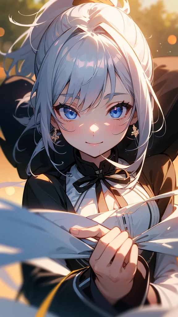 1 Girl、8K、Sharp focus、(Bokeh) (Highest quality) (Detailed skin:1.3) (Intricate details) (anime)、Poses that accentuate the chest、Silver Hair、ponytail、blue eyes、Black coat、White shirt、Upper body close-up、small yellow ribbon around the neck、smile、smile、Park in the background、sunset、Soft lighting.