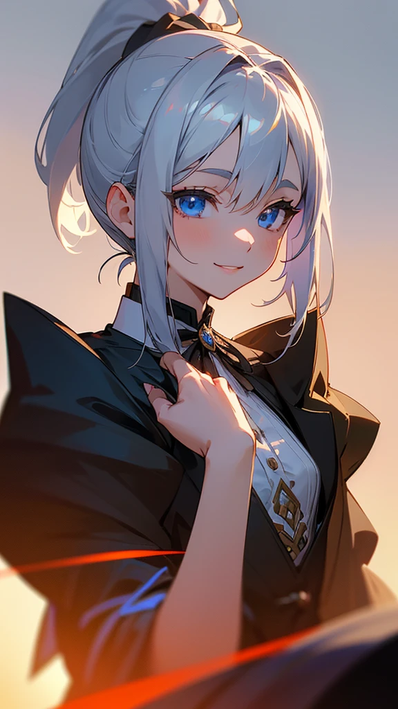 1 Girl、8K、Sharp focus、(Bokeh) (Highest quality) (Detailed skin:1.3) (Intricate details) (anime)、Poses that accentuate the chest、Silver Hair、ponytail、blue eyes、Black coat、White shirt、Upper body close-up、small yellow ribbon around the neck、smile、smile、Park in the background、sunset、Soft lighting.