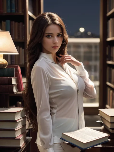 girl bring a pile of book, BREAK, 1girl, (see-through zipper white blouse:1.2), detailed face, (holding pile of book:1.2), very ...