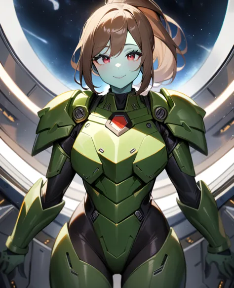 1girl,solo,red eyes,((brown hair:1.5)),green power armor,ponytail,((pale green skin)),green chest armor,cowboy shot,in space shi...