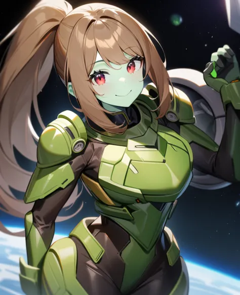 1girl,solo,red eyes,((brown hair:1.5)),green power armor,ponytail,((pale green skin)),green chest armor,cowboy shot,in space shi...