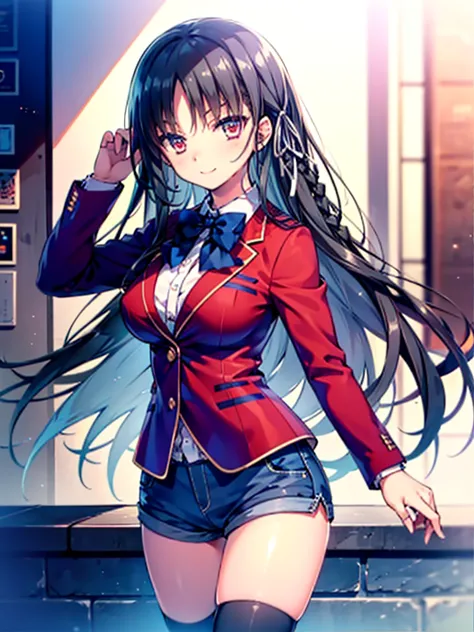 (8k, highest quality, highest quality, masterpiece), aasuzune, long hair, black hair, (single braid:1.2), hair ribbon, red jacke...