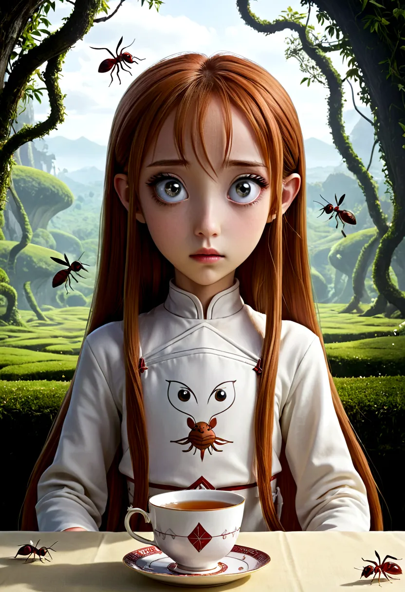 a young asuna, with her enormous complacent eyes she looks very attentively at the ants that come out of the tea cups that have ...