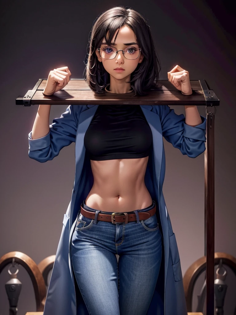 Girl in Laboratory, Turtle-neck, lab coat, showing navel, belt, Exposing the abdomen below the navel, well-dressed, glasses, blue jean, laboratory
(((pillory)))