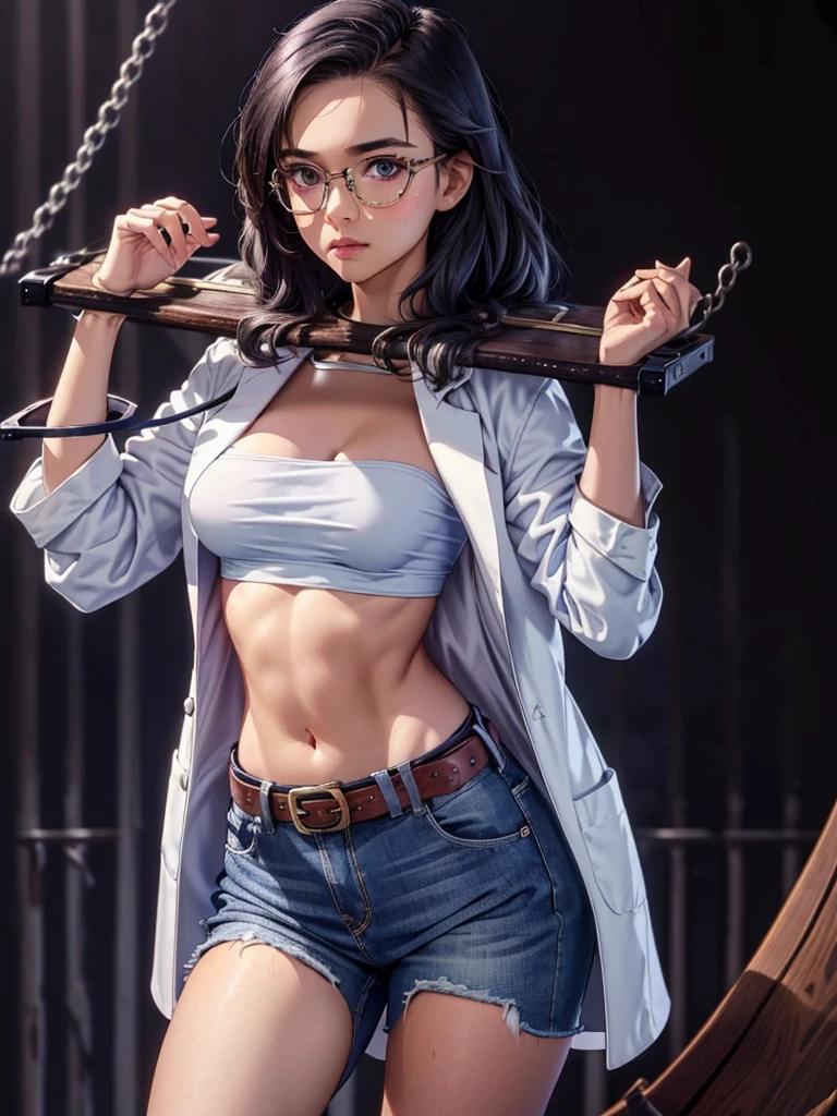 Girl in Laboratory, Turtle-neck, lab coat, showing navel, belt, Exposing the abdomen below the navel, well-dressed, glasses, blue jean, laboratory
(((pillory)))