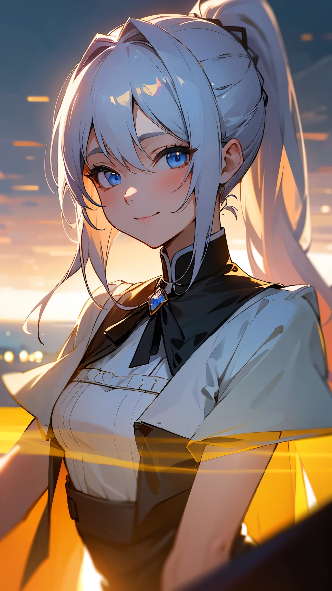 1 Girl、8K、Sharp focus、(Bokeh) (Highest quality) (Detailed skin:1.3) (Intricate details) (anime)、D cup breasts、Silver Hair、ponytail、blue eyes、Black coat、White shirt、Upper body close-up、small yellow ribbon around the neck、smile、smile、Park in the background、sunset、Soft lighting.