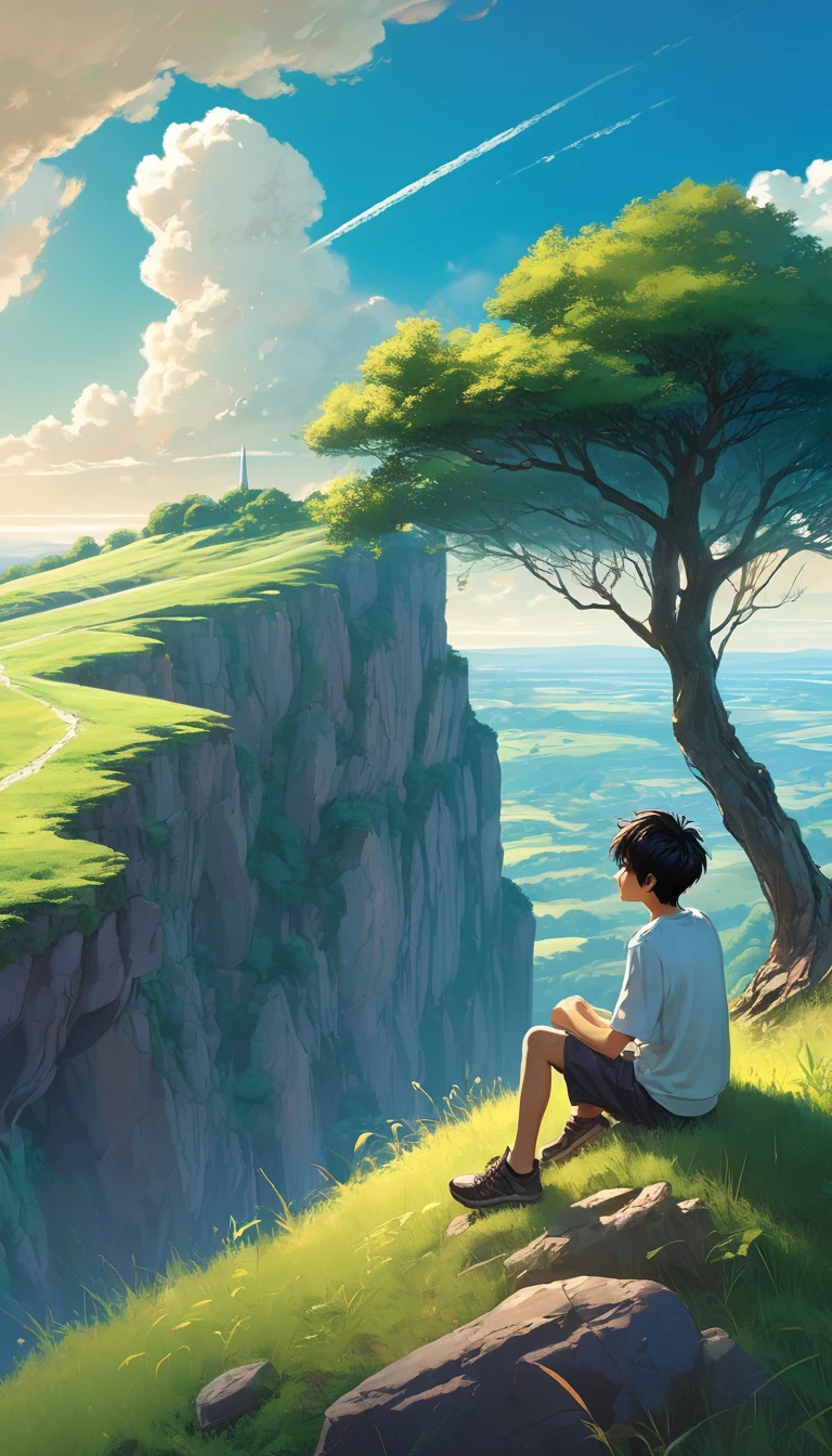 a boy sitting under a tree near a cliff in a meadow , seeing a vast blue sky with fluffy clouds and brush strokes , tall grasses stones, , makoto shinkai cyril rolando, anime art wallpaper 4k, anime art wallpaper 4k, animated background, anime art wallpaper 8K, animated background art, Anime Landscape Wallpaper, amazing wallpaper, HD wallpaper, 4k anime wallpaper, 4k anime wallpaper, Aries Moross art,art by Bob Byerley , AshleyWoodArtAI, greg rutkowski