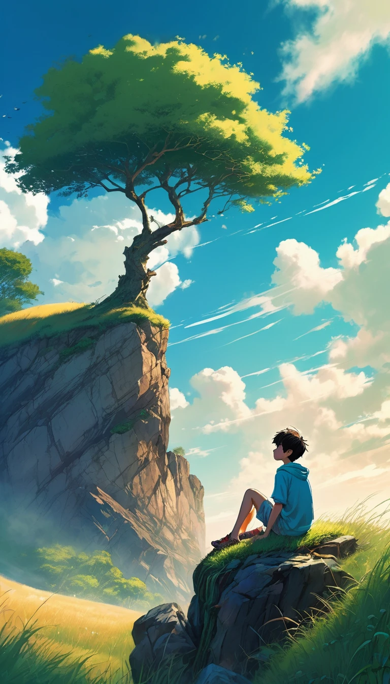 a boy sitting under a tree near a cliff in a meadow , seeing a vast blue sky with fluffy clouds and brush strokes , tall grasses stones, , makoto shinkai cyril rolando, anime art wallpaper 4k, anime art wallpaper 4k, animated background, anime art wallpaper 8K, animated background art, Anime Landscape Wallpaper, amazing wallpaper, HD wallpaper, 4k anime wallpaper, 4k anime wallpaper, Aries Moross art,art by Bob Byerley , AshleyWoodArtAI, greg rutkowski