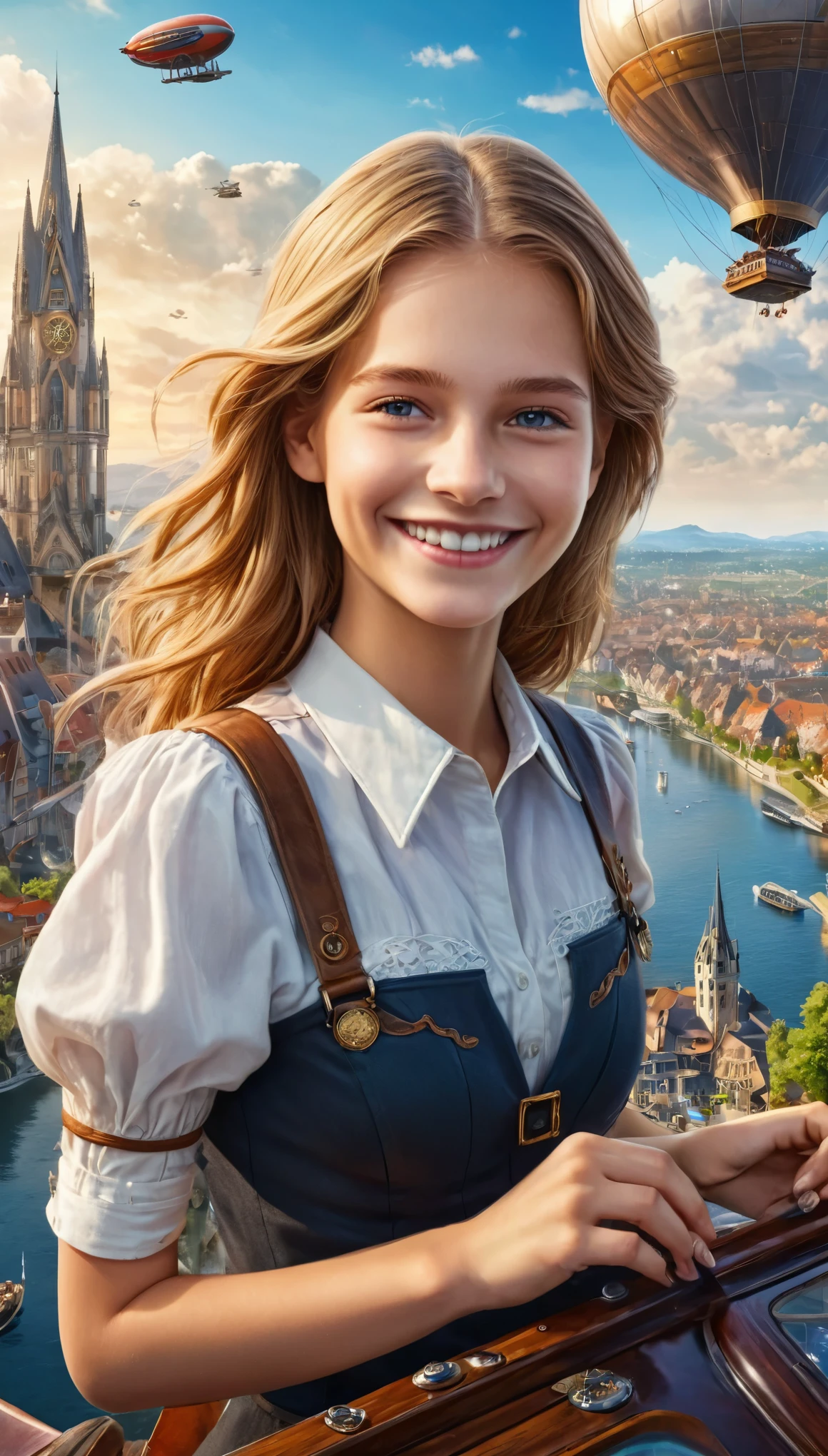 Many islands are floating in the air, A small airship is flying around, City, Fantasy, Extreme Detail, Realistic Light, A magnificent composition, (Intricate details), (Intricate Design, Super detailed :1.2), Art Station, (masterpiece, Highest quality), Ultra HD, 32K  (Close-up portrait of 16yo beautiful Half German girl is smiling at viewers:1.6)