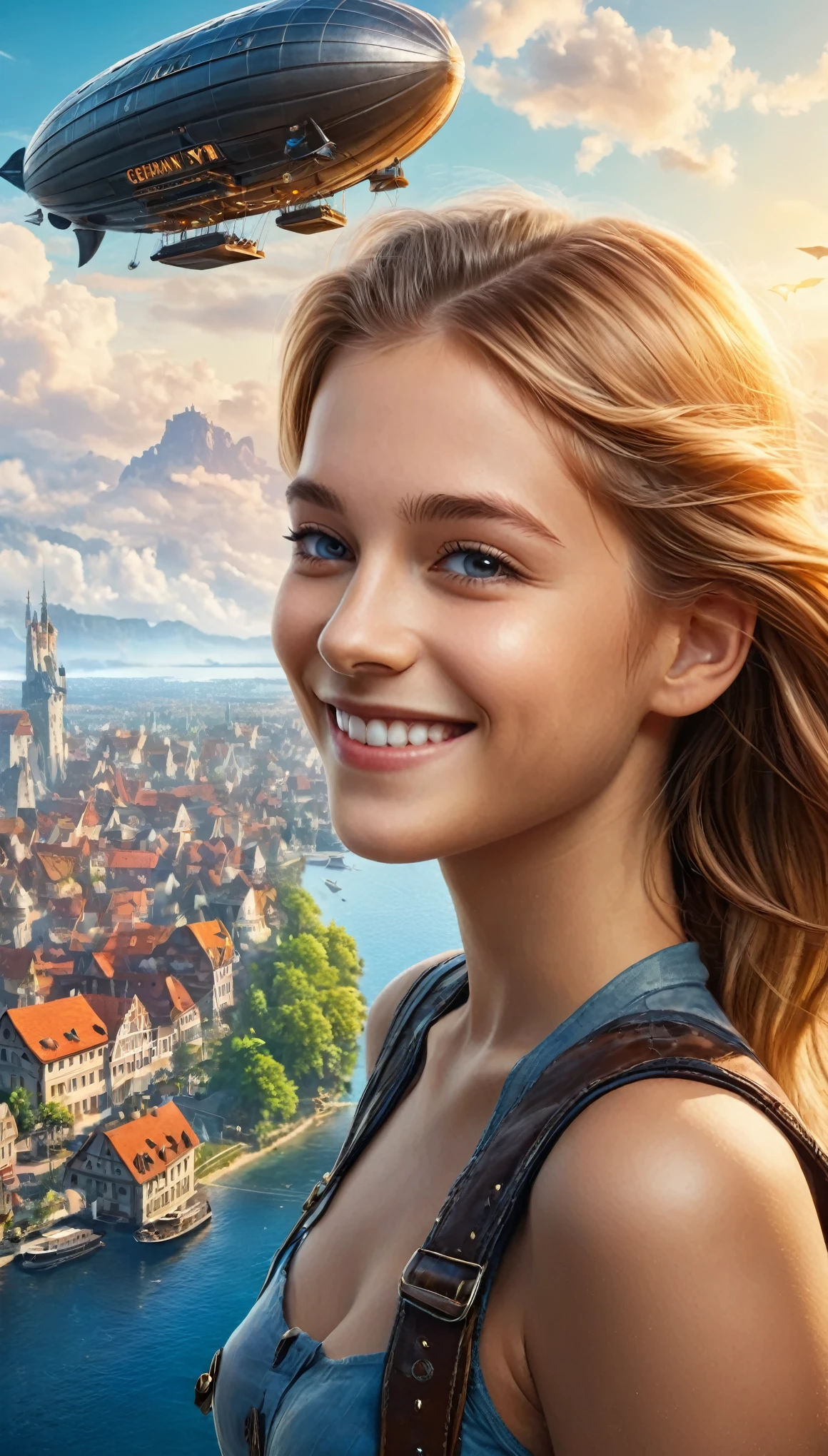 Many islands are floating in the air, A small airship is flying around, City, Fantasy, Extreme Detail, Realistic Light, A magnificent composition, (Intricate details), (Intricate Design, Super detailed :1.2), Art Station, (masterpiece, Highest quality), Ultra HD, 32K  (Close-up portrait of 16yo beautiful Half German girl is smiling at viewers:1.6)