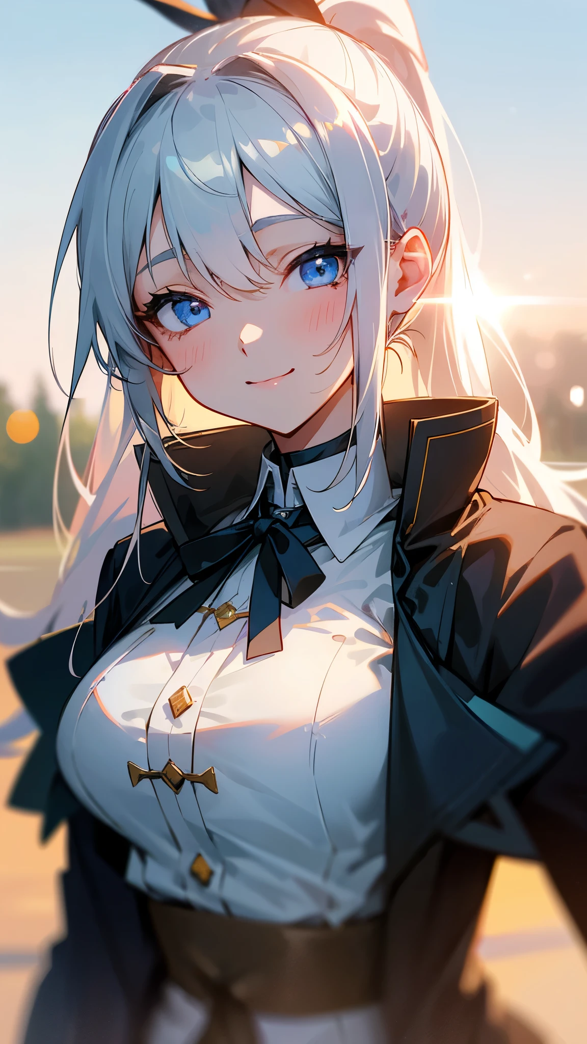 1 Girl、8K、Sharp focus、(Bokeh) (Highest quality) (Detailed skin:1.3) (Intricate details) (anime)、Big Breasts、Silver Hair、ponytail、blue eyes、Black coat、White shirt、Upper body close-up、small yellow ribbon around the neck、smile、smile、Park in the background、sunset、Soft lighting.