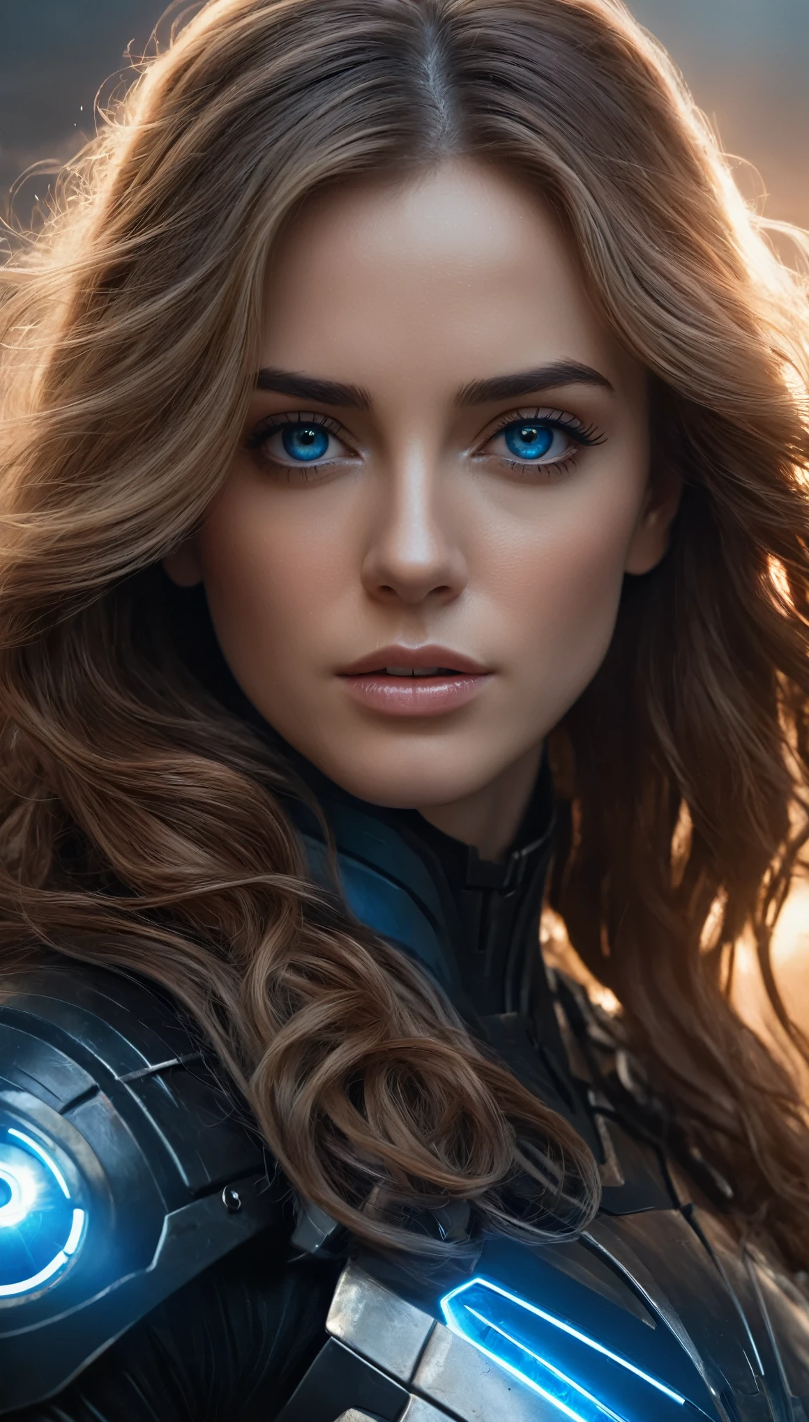 a detailed portrait of a woman with big black eyes, an aura of light, long wavy light brown hair, wearing black and blue sci-fi armor, in a sci-fi wind, (best quality,4k,8k,highres,masterpiece:1.2),ultra-detailed,(realistic,photorealistic,photo-realistic:1.37),detailed symmetrical face, cinematic lighting, epic sci-fi atmosphere, war scene, concept art, moody colors