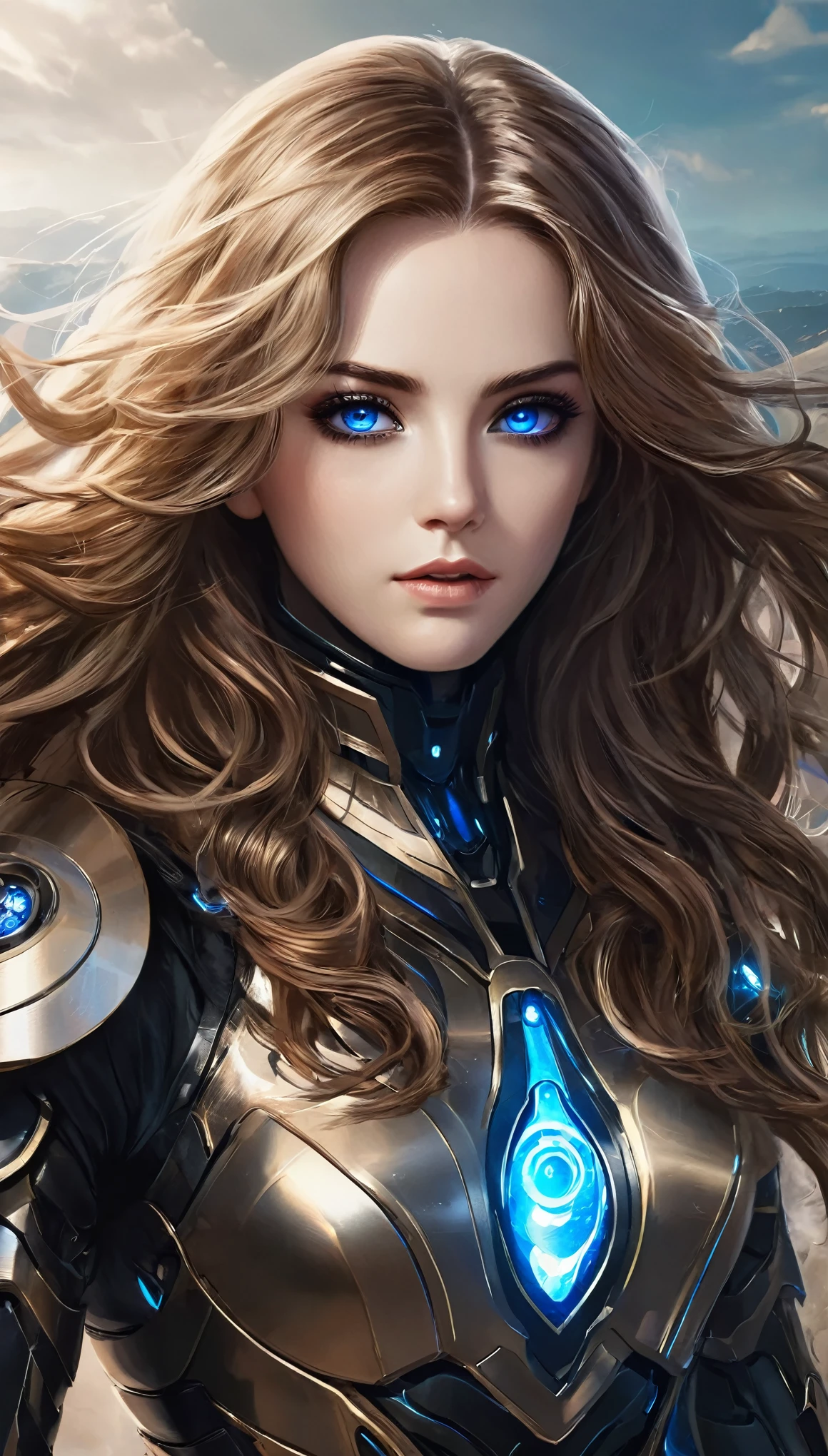 Big black eyes, aura, long wavy hair of light brown color,, Black and blue sci-fi armor, SF wind, high quality, atmosphere, war, beautiful symmetrical face