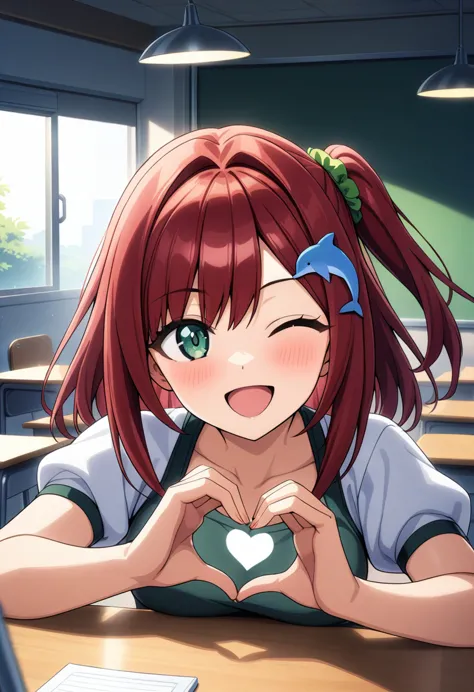 1girl, sakimiya iruka, dolphin wave, green eyes, red hair, one side up, hair ornament, green scrunchie,
heart hands, , classroom...