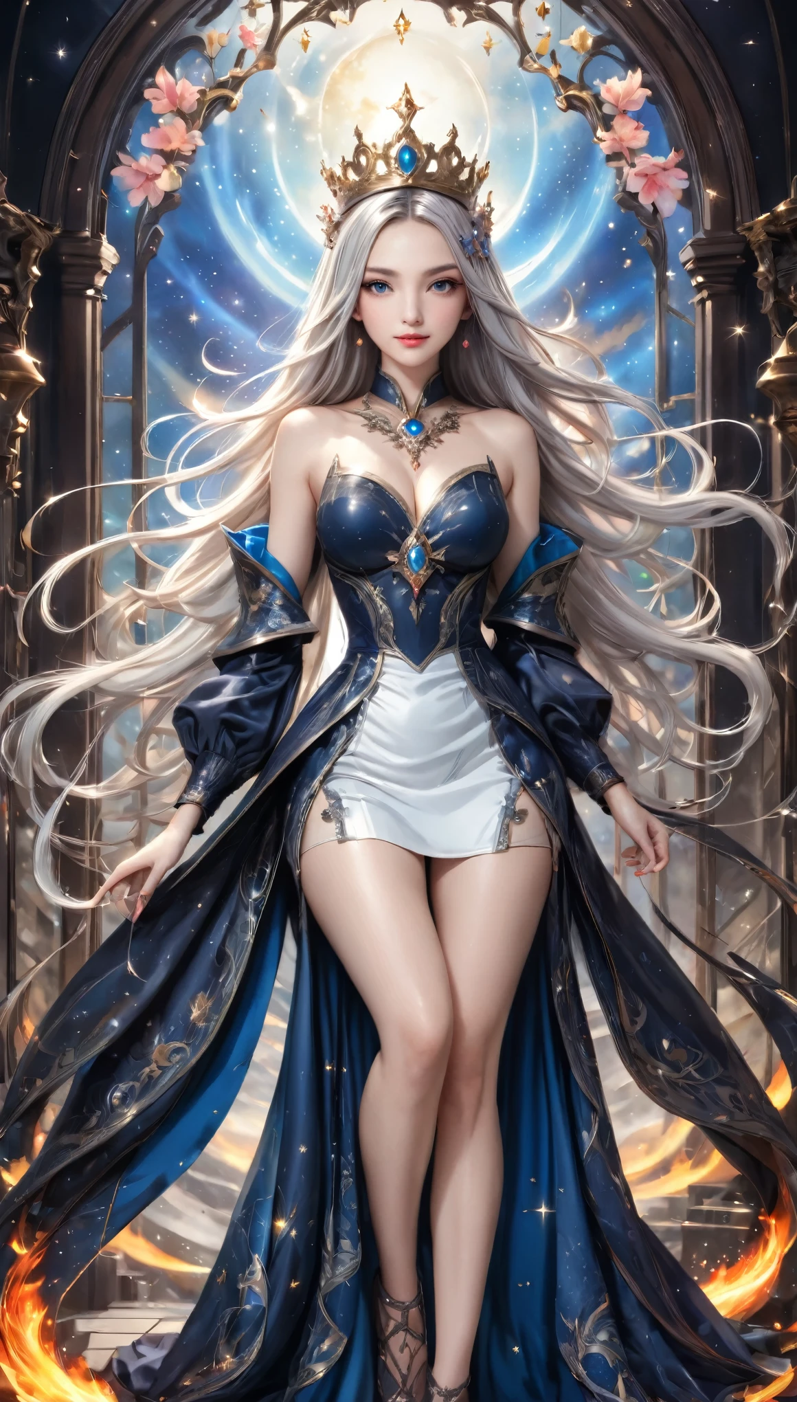 8K resolution, masterpiece, Highest quality, Award-winning works, unrealistic, From above, erotic, sole sexy lady, healthy shaped body, 22 years old, black mage, 165cm tall, huge firm bouncing busts,, white silver long wavy hair, Detailed facial depictions, BREAK, Mysterious blue eyes, Standard nose, Eyeliner, pink lips, sexy long legs, Clear skin, holy knight, Gothic ruffle long dress, A dress with a complex structure, Seven-colored colorful dress, Clothed in flames, royal coat of arms, elegant, Very detailed, Delicate depiction of hair, miniature painting, Digital Painting, artstation concept art, Smooth, Sharp focus, shape, Art Jam、Greg Rutkowski、Alphonse Mucha's、William Adolphe Bouguereau、art：Stephanie Law , Royal Jewel, nature, Symmetric, Greg Rutkowski, Charlie Bowwater, Unreal, surreal, Dynamic Lighting, Fantasy art, Complex colors, Colorful magic circle, flash, dynamic sexy poses, A kind smile, Mysterious Background, Aura, A gentle gaze, BREAK, Small faint lights and flying fireflies, night, lanthanum, From above, looking down on the world below, Starry Sky, milky way, nebula, shooting star
