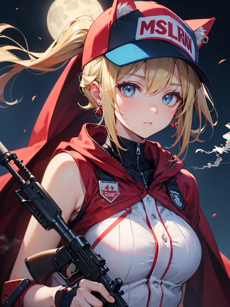 ((Kalaschnikow_Gewehr,Angriff_Gewehr ,Halten_gun))  (((Blondes Haar　kurzer Pferdeschwanz　Trage eine Kappe)))　((cyber punk　Ohrringe　Eine Zigarette alleine rauchen)),((leuchtender Mond　Leuchtender Hintergrund)) ,((Katzenohren)), ((ärmellos)),((Weinrote Baseballkappe)),((Trägt eine weinrote Baseballuniform))、((roter Umhang))、blassblaue Augen ,Oberkörper,(beste Qualität, 8k, Ölgemälde, Meisterstück:1.2), Super detailliert, (Realismus, Es&#39;s fotorealistisch:1.37), 